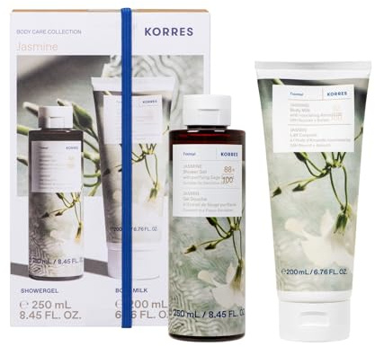 KORRES JASMINE Körperpflege Set – Duschgel 250ml & Bodymilk 200ml, zart duftende Pflege für seidig-weiche Haut, feuchtigkeitsspendend, vegan