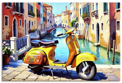ARTLAND Wanddeko Leinwand Bilder Wandbild 90 x 60 cm Gelbe Vespa in Venedig Retro Roller am Kanal Italienische Flair Mediterrane Deko U6FJ
