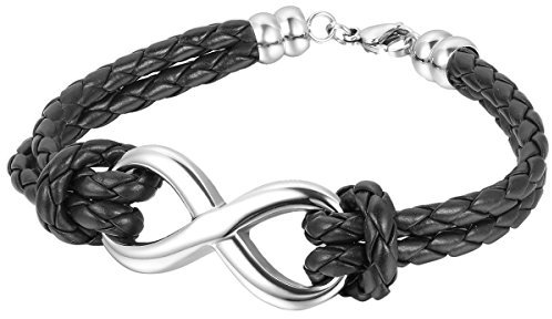 oidea Infinity Femme Bracelet Cuir Tressé, Vintage Dual Band Infini Symbole LIEBEN Charm manchette Homme – Cordon Collier wlickel Bracelet, argent noir