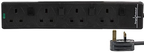 Surge Protected Extension Trailing Lead - Black/White Multi Plug USB Power Cable 1m 4 Gang Switched Surge, Black
