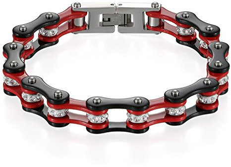 JewelryWe Schmuck Herren Armband, Top-Qualität Fahrradkette Motorradkette Hochglanz Poliert Armkette, Edelstahl Strass, Schwarz Rot