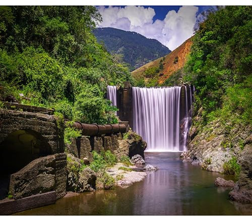 decomonkey Fototapete selbstklebend Wasserfall Natur 98x70 cm XL Selbstklebende Tapeten Wand Fototapeten Tapete Wandtapete klebend Klebefolie Landschaft Berge