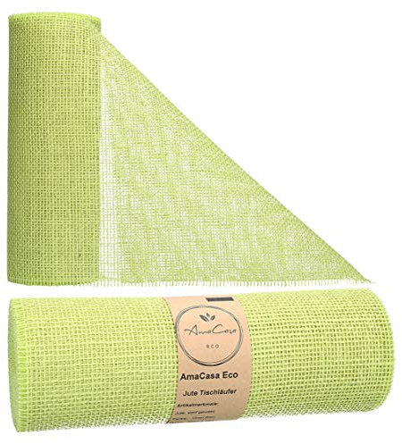 AmaCasa Eco Tischläufer Jute 30cm breit, 10m Rolle | gestärkter Jutestreifen mit kompostierbarem Etikett | Tischband für Tischband für wundervolle Dekorationen in vielen Farben (Apfelgrün, 30cm/10m)
