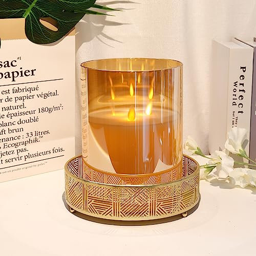 JHY DESIGN Large Moving 3 Wick Battery Candle with 6-Hour Timer Function, 20cm Dia Flameless Candle Battery Operated, Simulation 3D Effect Glass Candle for Party Bedside Wedding(Gold)