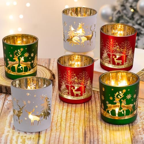 MJ PREMIER Weihnachten Teelichthalter, 6 Stück Kerzenhalter 7x7x8 cm, Xmas Windlicht, Teelichtgläser für Deko, Tischdeko, Party, Geschenk