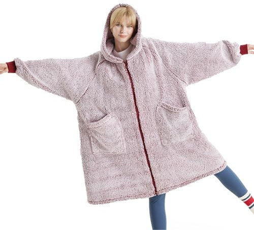 Bedsure Coperta oversize con cappuccio e cerniera in pile Sherpa con maniche per donne uomini, regali per donne, 100 x 78 cm