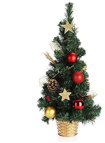 COM-FOUR® Künstlicher Weihnachtsbaum mit Christbaumkugeln - Geschmückter Tannenbaum für die Weihnachtsdekoration - Christbaum für die Deko zu Weihnachten (01 Stück - 60cm - rot/goldfarben)
