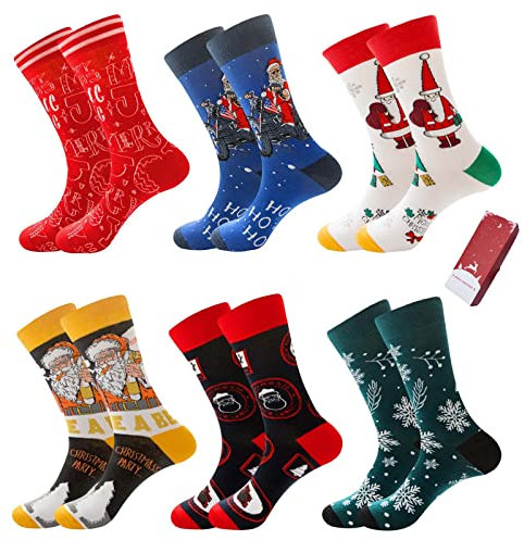 Herren Socken Weihnachten 6 paar Lustige Bunte Weihnachtssocken ​Winter Warm Baumwolle Socken als Weihnachtsgeschenke für Manner ( 39-46 )