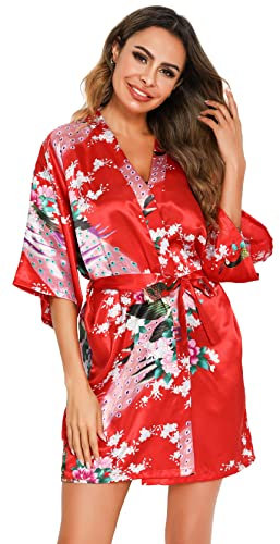 Vlazom Kimono Japonais Femme Mariage Satin Court Peignoir Bride Paon kimono Mariage Peignoir Bridesmaid Chemise de Nuit,M,Rouge