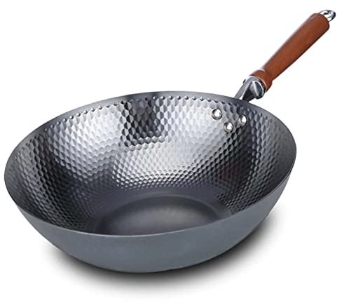 ECOLEK 32 cm Wok in Ferro forgiato a Mano pentola per la casa Non Rivestita Pentole Wok in Ferro Addensato Antiaderente Padella di Fascia Alta (32cm)