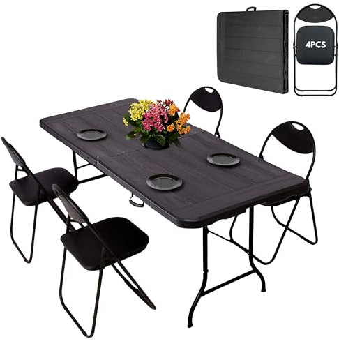 6ft Folding Trestle Table Set with Wood Grain Finish Surface & 4 Padded Folding Chairs – Lightweight, Portable Fold Away Table with Tabletop 70.8x29.5 In (180x75cm) - Ideal for Extra Seating