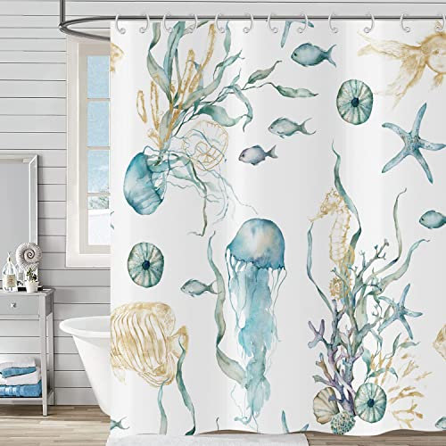Hnmdmyi Duschvorhang Quallen 180x180, Aquarell Seestern Tropischer Fisch Nautischer Ozean Badewanne Vorhang Unterwasser Meeresleben Wasserdicht Polyester Stoff Waschbar Badevorhang mit Haken