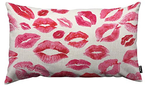 TKS MITLAN Kissenbezug mit Lippen-Drucken, Kuss, Lippenstift, Mund, roter Smooch, Leinen, Couch, Bett, Sofa, Auto, Taillenkissenbezug, 30,5 x 50,8 cm