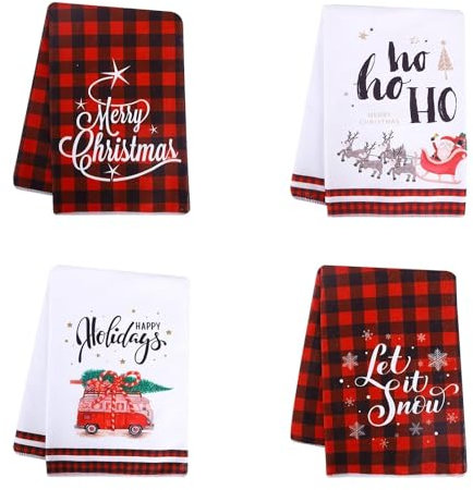 4 Pieces Christmas Tea Towels, 45 x 70cm Microfibre Tea Towel, Xmas Hand Towel Super Absorbent Kitchen Towels, Merry Christmas Washcloth Xmas Buffalo Plaid Bar Towels