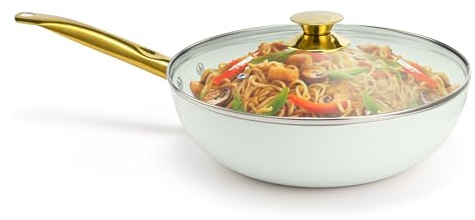 Holstein Housewares Weißer Keramik-Wok mit Deckel, 30,5 cm, goldfarben und Edelstahlgriff, vielseitige Kompatibilität mit Gas- und Elektroherden, goldene Eleganz