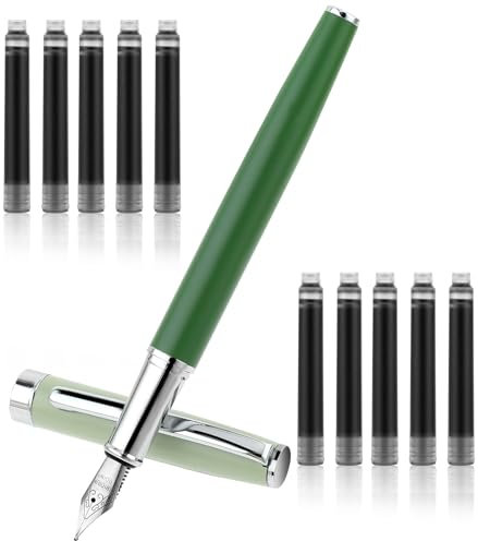 TIESOME Metal Fountain Pen Set, 0.5mm Fine Nib Fountain Pen with 10 2.6mm Black Ink Cartridges Luxury Calligraphy Pens Smooth Writing Pen Gift for Office School Business Supplies(Green)