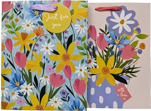Set of 2 Luxury Floral Gift Bags – Medium 23 x 18 x 10.2cm – Elegant Spring Designs with Ribbon Handles – Reusable Gift Bags for Easter, Mother’s Day, Birthdays & Special Occasions