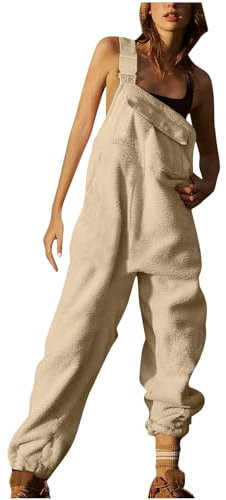 AMhomely Ski Overalls for Women Teddy Fleece Jumpsuit Winter Warm Casual Romper Trousers with Pocket Solid Casual Dungarees Work Trousers Fleece Warm Jumpsuits Windproof Bib Pants Holiday Khaki L