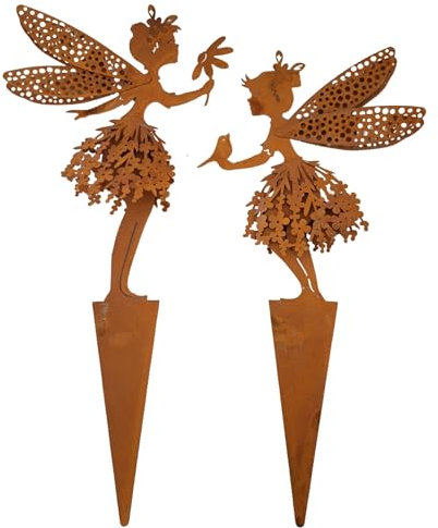 Gartenstecker Elfen- Feenstecker 2er Set - mit 2D-Flügeln in Rostoptik - Zauberhafte Balkon- und Garten-Deko - Feenfiguren - Zaundeko