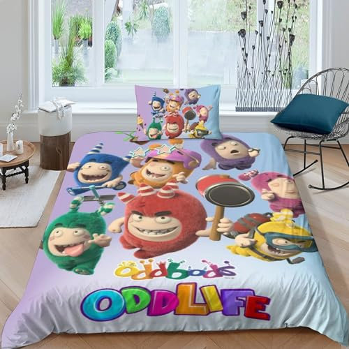 BYTUGI 3D Print Oddbods Muster Kinder Bettbezug,Animation Steppdeckenbezug Und Kissenbezug, 3D Digital Print, Mikrofaser Mit Verdecktem Reißverschluss Set Single（135x200cm）