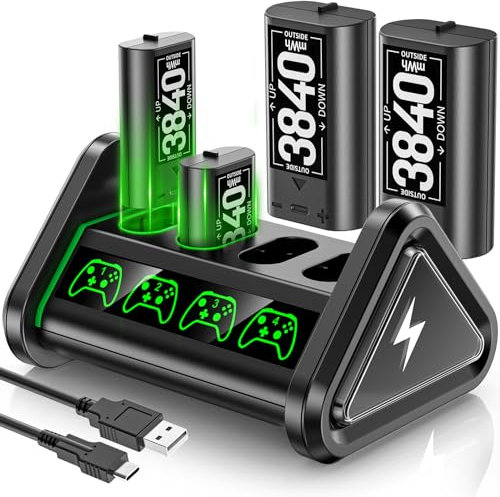 4X 3840 mWh Xbox Akku für Xbox Controller, wiederaufladbare Akku für Xbox Controller, Akku Ladestation mit LED Anzeige für Xbox One/Series S/X/Elite Controller Xbox Charger