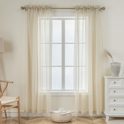 Demetex Net Linen Curtains 72 inches Drop Natural Sheer Curtain Decorative Panels for Living Room Bedroom Porch Window Dressing,137x183cm, Beige