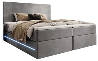 Boxspringbett Voyage 200x200 Doppelbett Polsterbett Bett mit LED und Stauraum | Bezug: Samt | Farbe: Grau | Härtegrad: H2 (bis 70kg)