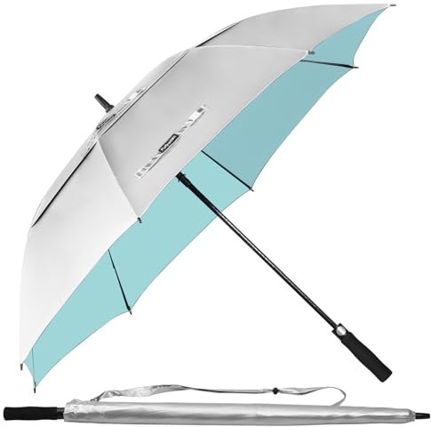 Fulynmen Sombrilla de golf de 68 pulgadas UPF 50+ con protección UV, paraguas de golf grande, resistente al viento, doble toldo, ventilado, apertura automática, plateado/azul lago