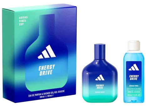 Le coffret adidas Vibes comprenant l'Eau de Parfum Energy Drive et le Gel Douche