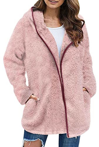 Giacca in pile da donna con cerniera, per autunno e inverno, calda, casual, soffice, con cappuccio, per interni ed esterni, leggera, giacca a vento per le mezze stagioni, con tasca, rosa, M