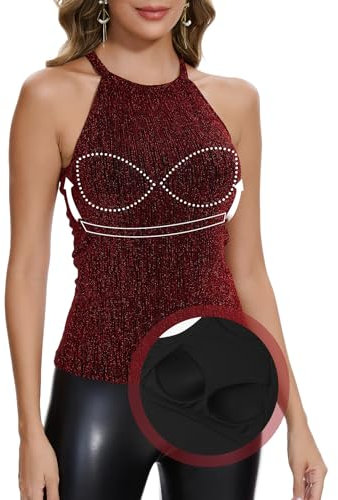 ANYFITTING Damen Pailletten Tops Ärmellose Neckholder Camisole Tops mit Integriertem BH Cami Bluse BH Hemden für Damen Geripptes Funkelndes Rot M