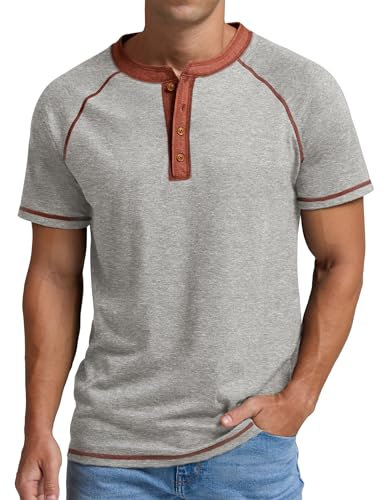 Sailwind Grandad Tshirt Cotton Henley T Shirts for Men Casual Light Weight Summer Short Sleeve Shirt Four Buttons Mens Tops (Light Grey, XL)