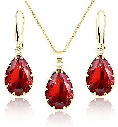 Linawe Rot Schmucksets Schmuck Set für Damen, Ohrringe Gold Hängend Ohrringe Set, Ruby Anhänger Kette Halskette Modeschmuck Jewelry