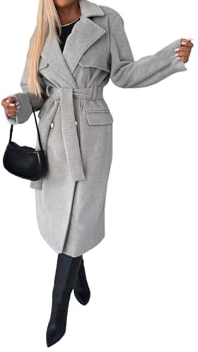 Eleganter Langer Mantel Mit Kragen, 2024 Wintermantel Mit Revers, Zweireihig, Dicke A-Linien-Peacoat-Jacke Mit Taschen, Zweireihiger Peacoat Mit Gürtel (Grau,M)