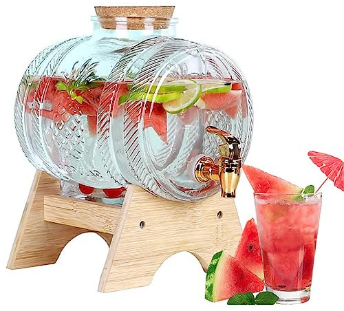 Distributore di acqua in vetro con supporto per rubinetto, 1 3 5L Distributore di bevande a prova di perdite al 100% Barattoli di vetro trasparente Tappi di legno Distributore di bevande Bottiglie d