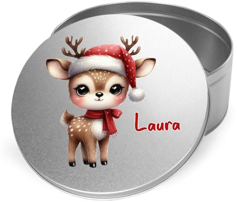GRAZDesign Personalisierte Keksdose Weihnachten mit Rentier Motiv und Name, Geschenkidee für Kinder, runde Plätzchendose aus Metall, Weihnachtsdeko mit Tiermotiv