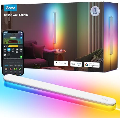 Govee RGBICW Wandleuchte Innen, Smart Wandlampe Kompatibel mit Matter, Alexa & Google Assistant, 1200lm LED Wandleuchte, Musik Sync, Indirekte Beleuchtung für Wohnzimmer, Treppe, Flur, 1 Stück