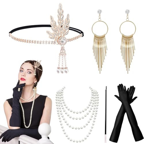 Herbst 20er Jahre Kostüm Damen Zubehör, 20er Jahre Accessoires Gatsby Accessoires Damen, 1920er Accessoires Damen, 7 Stück Charleston Gatsby Accessoires Damen für Federboa Schwarz, Karneval, Fasching