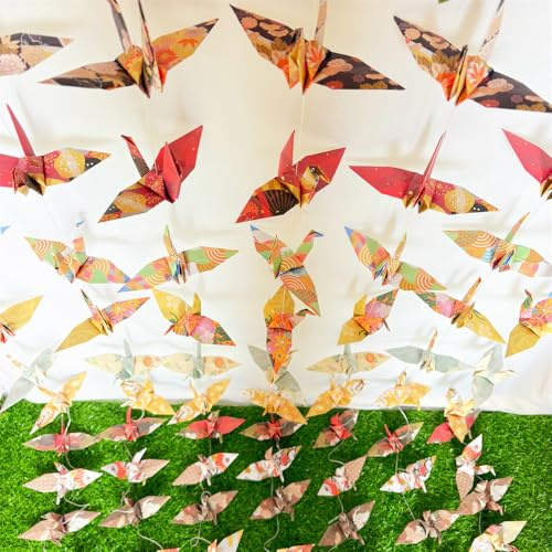 Large Japanese Washi Paper Crane Hanging Garlands(5.3ft X 4strings) Mixed Patterns Folded Handmade Origami Birds Streamers for Wedding Bridal Shower Baby Shower, Birthday Party Supplies
