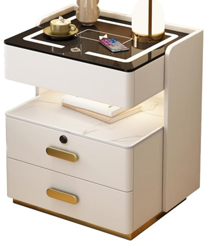 YQMHEZ Smart Nightstand, Wood Bedside Table With Fingerprint Lock And Charging Station, Night Stand With 3 Color LED Lights, Speaker, Bed End Table With Leather Fabric For Bedroom(White,30cm)