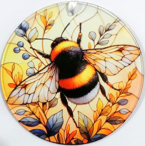 Bumble Bee Suncatcher, Hanging decoration for use indoors or out. Made from 3mm clear acrylic, but emulates glass. Great gift idea. We make these, so any design ideas you may want are available.