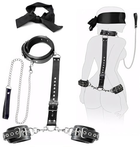 Jouet Adulte Couple Ninonly BDSM Cuir Kits de Bondage Menottes et Collier Détachables, Bandeau pour Les Yeux, pour Femmes et Couples Noir
