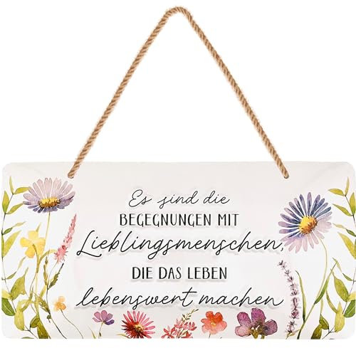 LANOLU Retro Blechschild Begegnungen mit Lieblingsmenschen, vintage Metallschilder mit Sprüchen, Shabby Chic Deko Küche und Garten, Metallschild mit Jutekordel 16x32cm