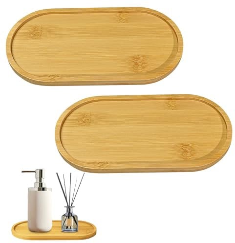 2PCS Bamboo Soap Dishes Dispensers Bathroom Oval Countertop Tray & Dispenser Tray Kitchen Holders Bamboo Tea Serving Tray Dresser Jewelry Ring Dish, Tray for Tea, Fruit, Snacks, Cakes Home Decor