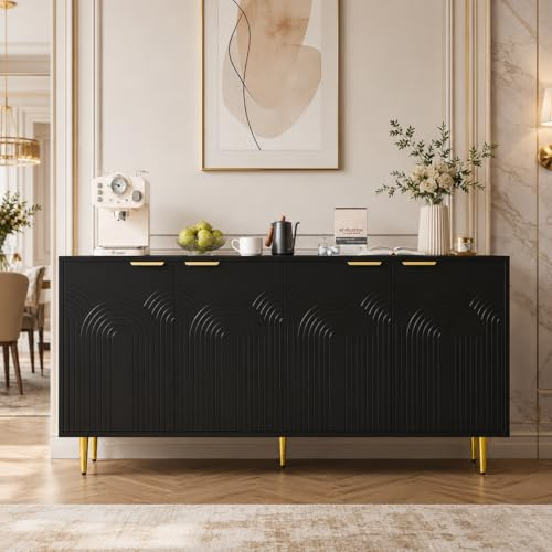 Sideboard mit Verstellbare Einlegeböden, Kommode mit Türen, Wohnzimmerschrank mit Goldenen Griffen und Füßen, Strukturiertes Design, Anrichte für Schlafzimmer, Wohnzimmer, 160x40x80cm, Schwarz