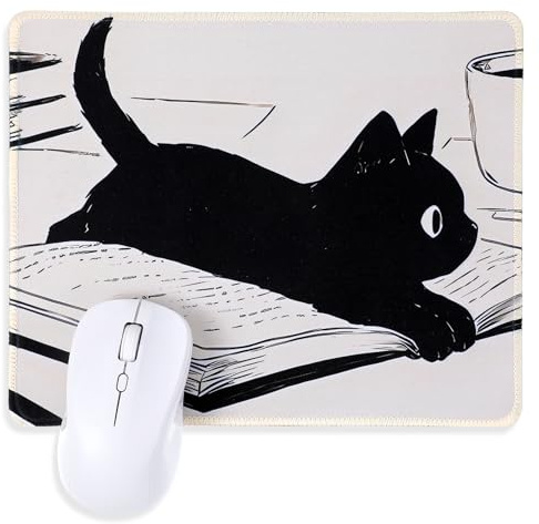 Ptwola Tapis de souris chat mignon noir chaton tapis de souris drôle Kawaii Anime Tapis de souris avec bords cousus Base en caoutchouc antidérapant Accessoire de bureau pour souris ordinateur portable