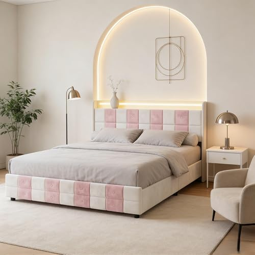 Doppelbett 140x200 mit Schubladen, Polsterbett 140x200 mit LED und USB-C Gepolsterte Bettgestell Stauraumbett mit Lattenrost und Kopfteil Jugendbett 140 x 200 mit Stauraum Weiß Samt, Ohne Matratze