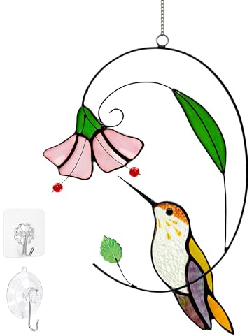 Handgefertigter Tiffany-Kolibri-Sonnenfänger aus Kupferfolie, Buntglas, 20,3 cm, Echtglas-Fensteraufhängung mit Blumen, Vogelsicheres Geschenk für Oma, Mutter, Frauen und Vogelliebhaber, inklusive