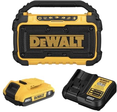 DEWALT Altavoz Bluetooth de 20 V máximo con altavoces duales, carcasa resistente a los impactos, rango de 100 pies, puerto de carga USB, batería de 2.0 Ah y cargador incluidos