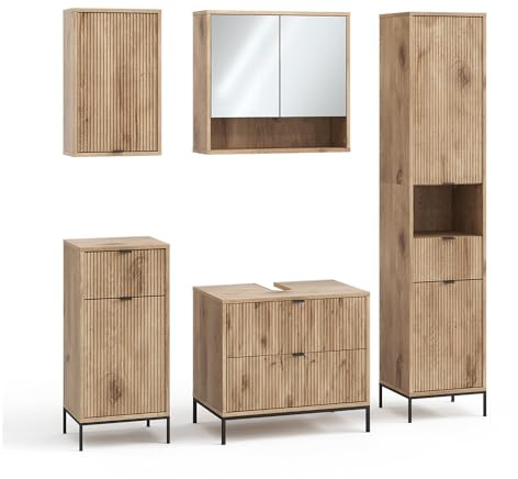 Vicco Badmöbel-Set Eliza, Viking Oak, 70 cm, besteht aus Waschbeckenunterschrank, Spiegelschrank, Hochschrank, Midischrank und Hängeschrank